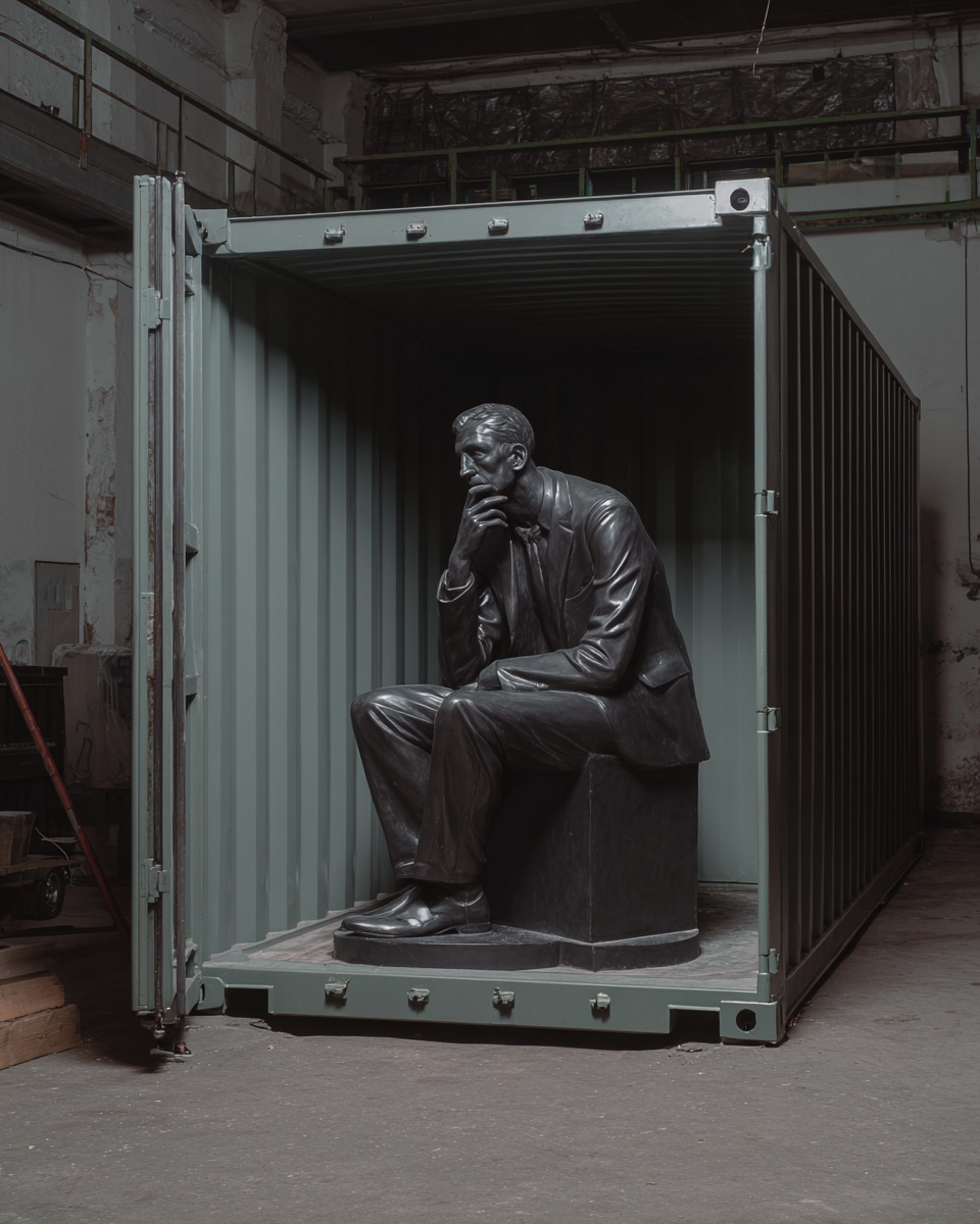 The Thinker bronze sculpture in custom suspension crate